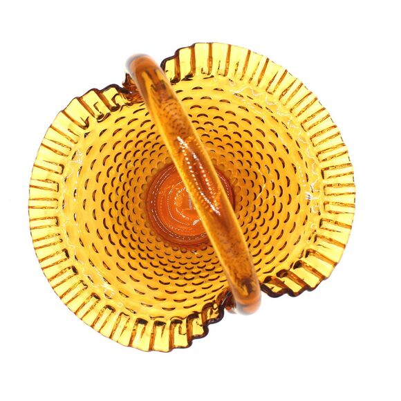 Vintage Large Fenton Amber Gold Glass Basket Ruffled Edge Hobnail Pattern 9" - Picture 7 of 8